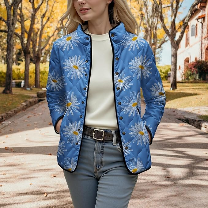 LIZALIG Women's Cropped Puffer Jacket Lightweight Floral Print Long Sleeve Padded Quilted Puffy Cardigan Coat