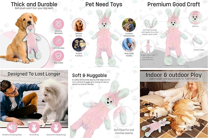 FGA MARKETPLACE Frog-Grey and Pink Rabbit Flat NO Stuffing NO Squeak Plush Dog Toy, Funny Style Will Entertain Your Pet for Hours, Recommended for Small and Medium Dog 21 INCH Long