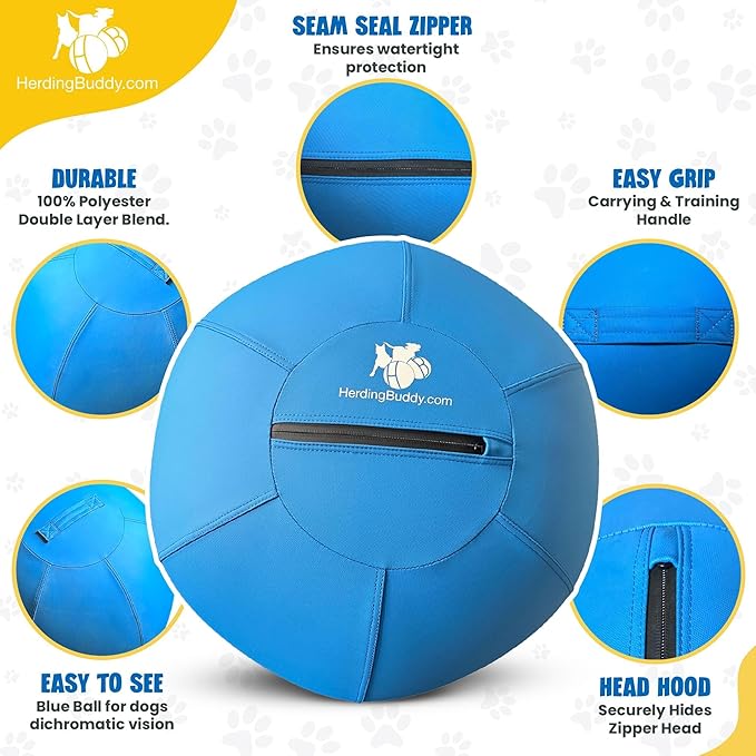 Herding Ball for Dogs - 25” Cover for Australian Shepard, Collie, Cattle & All Herding Dogs Over 27 Pounds - Heavy Duty Dual Layered Cover - Thick Anti-Burst Inner Ball - High Flow Foot Pump
