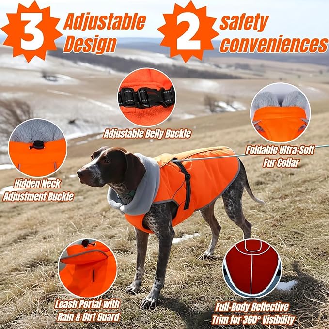 Upgraded Insulated Dog Winter Coat, Relaxed Fit Puppy Hard Shell Jacket with Full-Body Reflective Strips, Ultra-Soft Fur Collar Coats for Small Dogs, Tangle-Free Pet Apparel for Boys Girls(Orange, S)