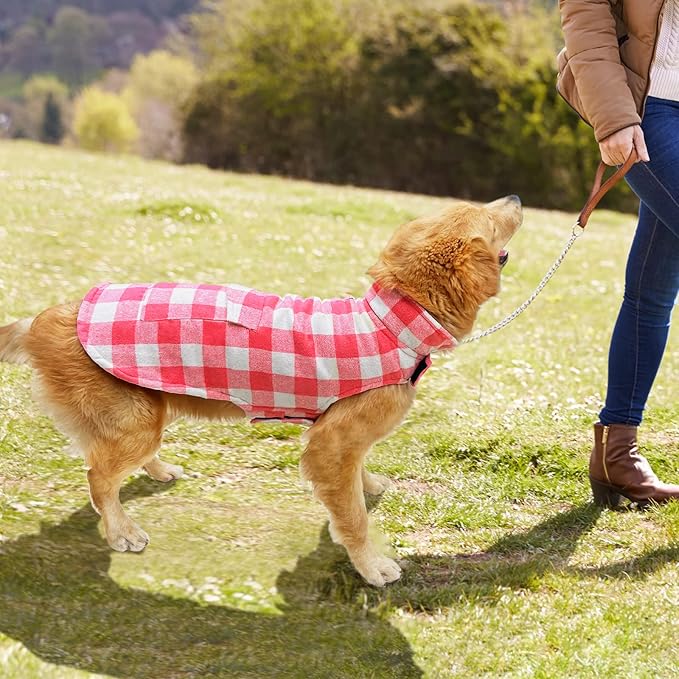 Malier Classic Plaid Fleece Dog Coat - Windproof Warm Jacket with Pocket, Winter Pet Clothes Apparel for Small to Large Dogs (Pink, Medium)