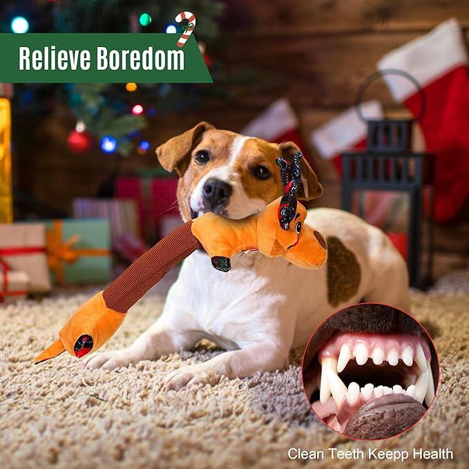 IOKHEIRA Christmas Dog Toys Squeaky Plush Crinkle Rope – Interactive Tug-of-War Chew Toy for Small Medium Large Breeds, Cute Holiday Reindeer Gift