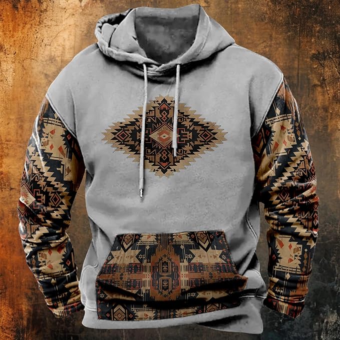 HOTYD Mens Western Aztec Sweatshirts Long Sleeve Fall Fashion Drawstring Pullover Vintage Graphic Cowboy Hoodie for Men