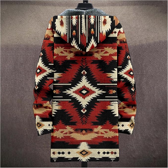 Mens Aztec Print Hoodie Heavyweight Cotton Fleece Jacket Zip Up Warm Long Sleeve Hooded Winter Midi Coat