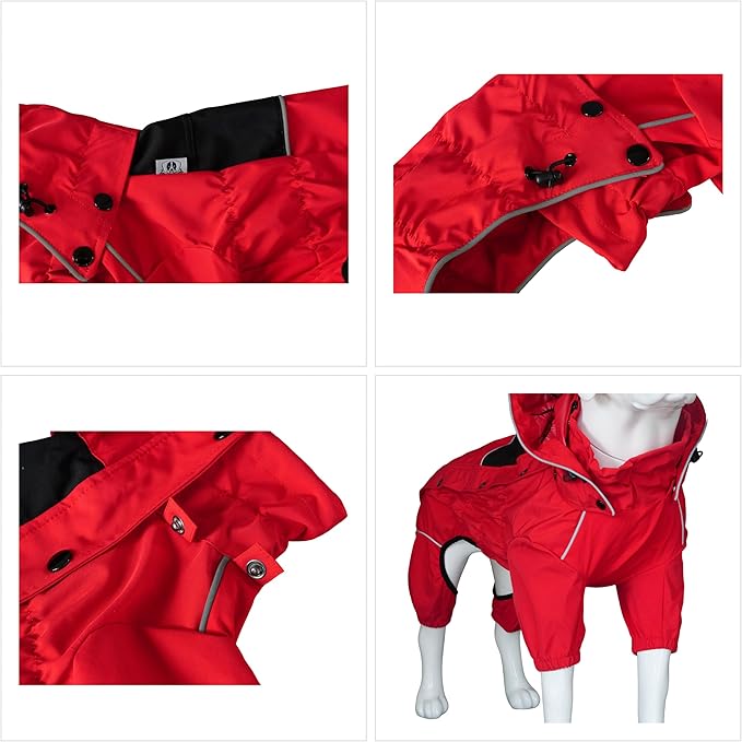 LOVELONGLONG Waterproof Dog Raincoat with Removable Hood – Outdoor Full Body Dog Jacket, Windproof Snowproof Shell Suit – All Season Pet Rain Gear Red XS
