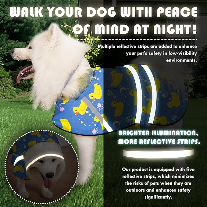 Dog Raincoat, Adjustable Rain Jacket with Hooded Double Layer for Large Medium Small Dogs Puppies, Lightweight Waterproof Rain Coat Poncho with Reflective Stripe Duck Blue,XXL