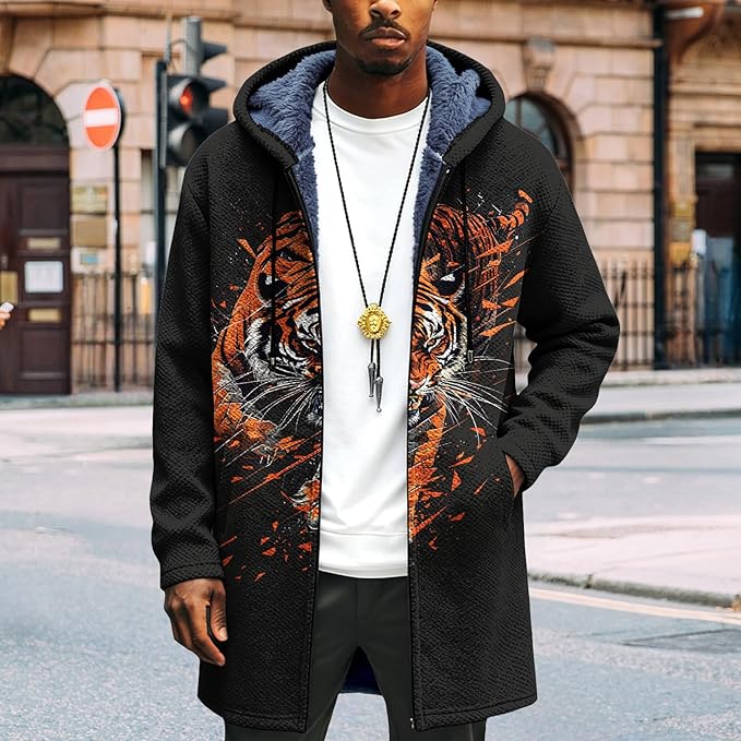 Mens Long Cardigan Hoodies Full Zip Fleece Lined Jackets Fashion Knitted Color Block Hooded Coat with Pockets