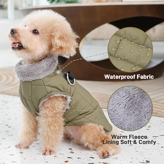 Warm Fleece Dog Coats with Durable Harness Buitl in D-Ring,Waterproof Doggie Jacket for Large Dogs,Dog Vest for Cold Winter,Green XXXL