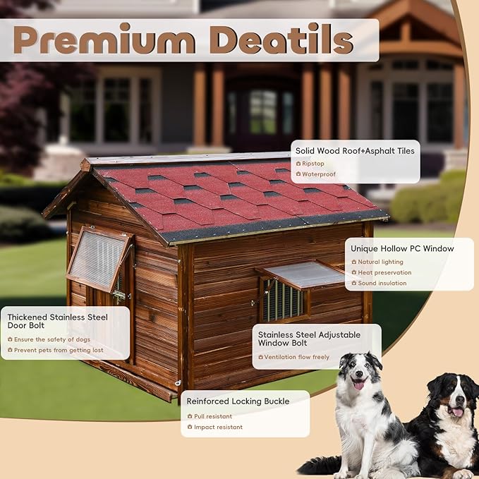 Large Dog House Outdoor Pine Wood Dog House with Weatherproof Asphalt Roof,Removable Floor,Lockable Door,Adjust Windows,Easy to Clean,Warm Insulated Dog Kennel for Large Breed Size Outside Use