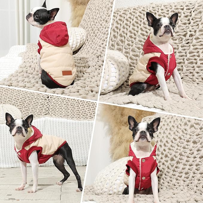 Fleece Lining Extra Warm Dog Hoodie in Winter for Large Dogs Jacket Pet Coats with Hooded,Beige and Red XL
