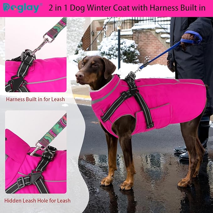 Doglay 2 in 1 Dog Coat with Harness Built-in, Waterproof Dog Winter Jacket with Pocket & Poop Bags, Reflective Adjustable Pet Winter Coat for Small, Medium, Large Dogs