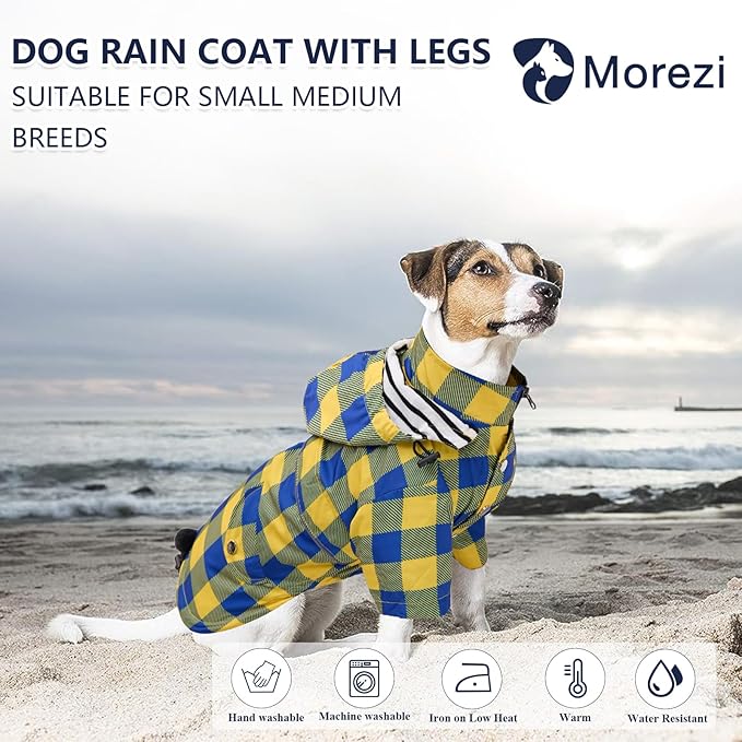 Dog rain Coat Waterproof Raincoat Puppy Jacket with Legs Buttons Zipper Hood Drawstring Fit for Yorkie Terrier Schnauzer Poodle Border Collie Labrador Golden Retriever 8lbs to 80lbs Yellow XL