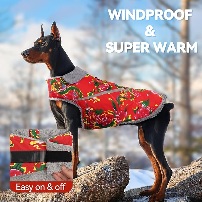 VIVAGLORY Snowrap Dog Coat, Jacket with Harness Hole & Velcro Closure, Dog Coat for Winter & Cold Weather, Fluffy Warm Fleece Lined Reflective Water Resistant for Puppy, L, Northeast Florals-Red