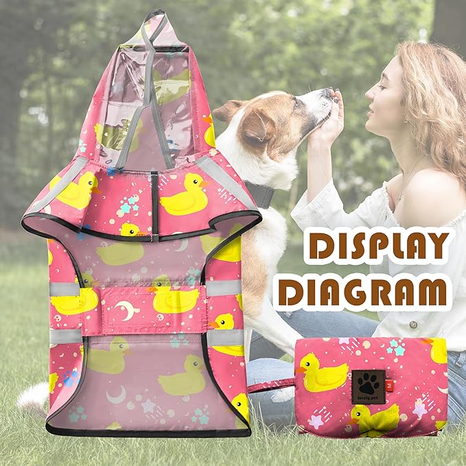 Dog Raincoat, Adjustable Rain Jacket with Hooded Double Layer for Large Medium Small Dogs Puppies, Lightweight Waterproof Rain Coat Poncho with Reflective Stripe Duck Pink,M