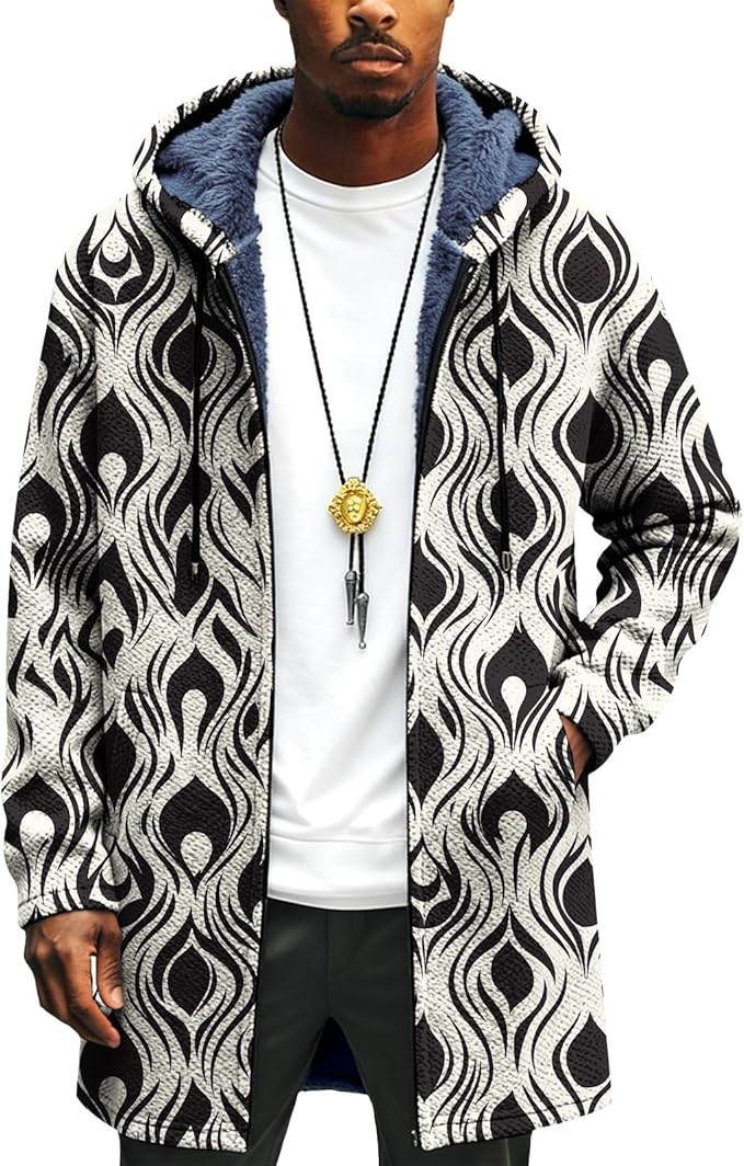 Mens Long Cardigan Hoodies Full Zip Fleece Lined Jackets Fashion Knitted Color Block Hooded Coat with Pockets
