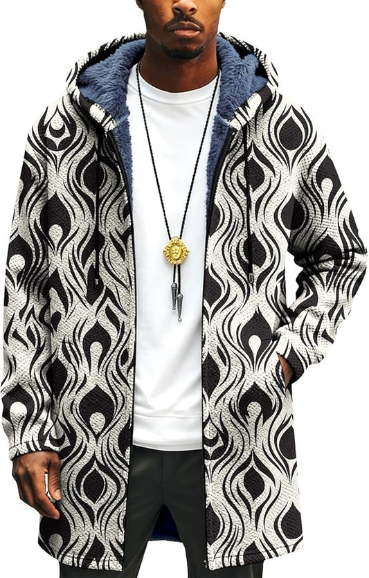 Mens Long Cardigan Hoodies Full Zip Fleece Lined Jackets Fashion Knitted Color Block Hooded Coat with Pockets
