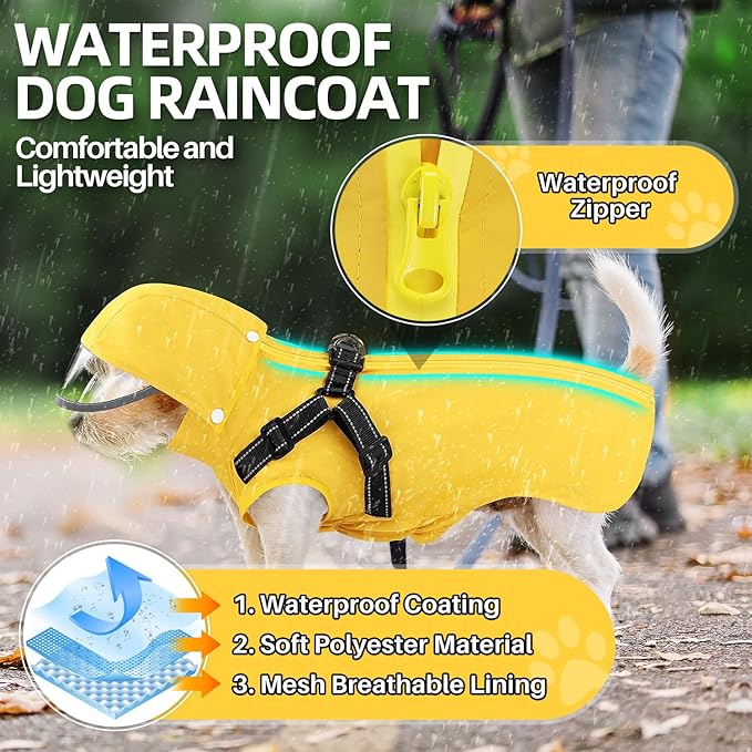 Lukovee Dog Raincoat - Waterproof Rain Jacket with Harness & Removable Hood, Reflective Double Layer Dog Rain Coat Poncho for Small Medium Large Dogs Puppy (2XL, Yellow)