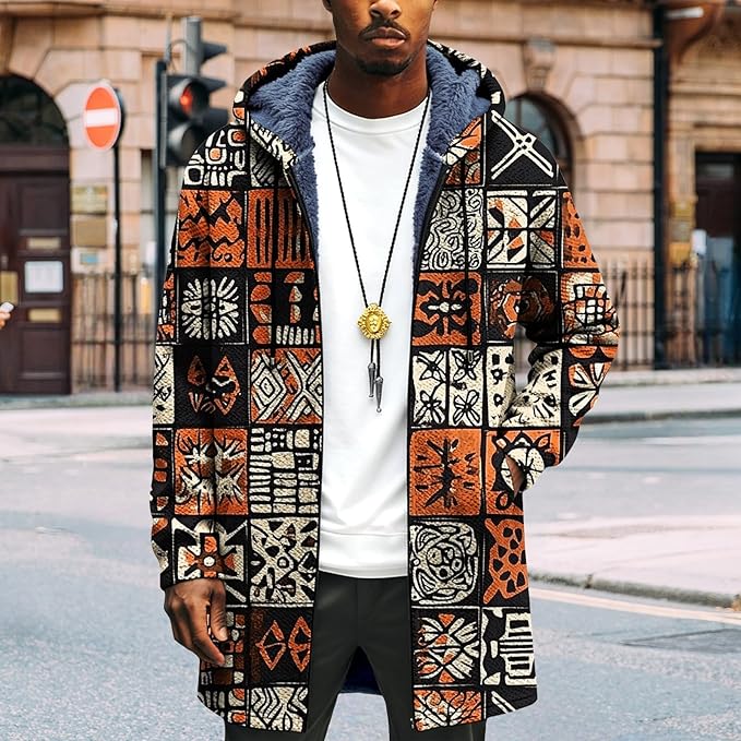 Mens Long Cardigan Hoodies Full Zip Fleece Lined Jackets Fashion Knitted Color Block Hooded Coat with Pockets