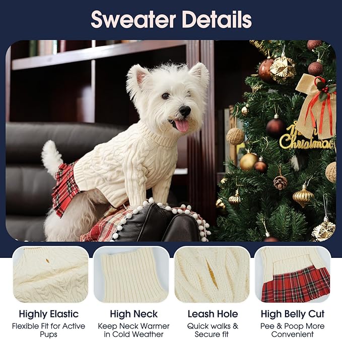 IECOii XL Dog Sweater Dress for Large Dogs Girl, Cable Knit Winter Dress for Female Dogs, Beige,XLarge, Soft Girl Dog Sweater with Tartan Plaid Skirt Cute Turtleneck Knitwear for Cold Weather