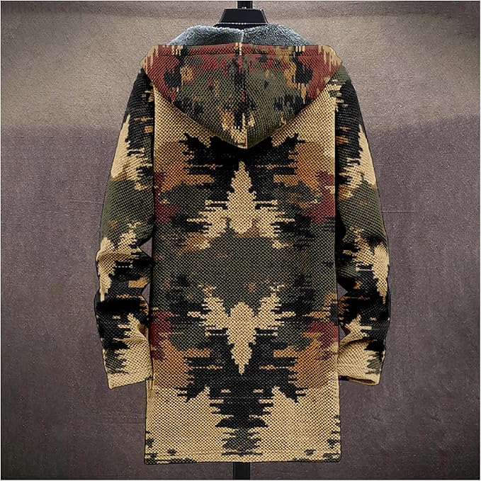 Mens Aztec Print Hoodie Heavyweight Cotton Fleece Jacket Zip Up Warm Long Sleeve Hooded Winter Midi Coat