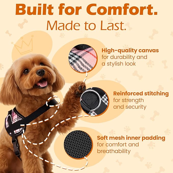 Bark Appeal Pink Plaid No-Pull Dog Harness for Small to Medium Sized Pets – Adjustable, Reflective Vest with 3 Leash Clips for Added Control, Easy Walks & Training – Medium