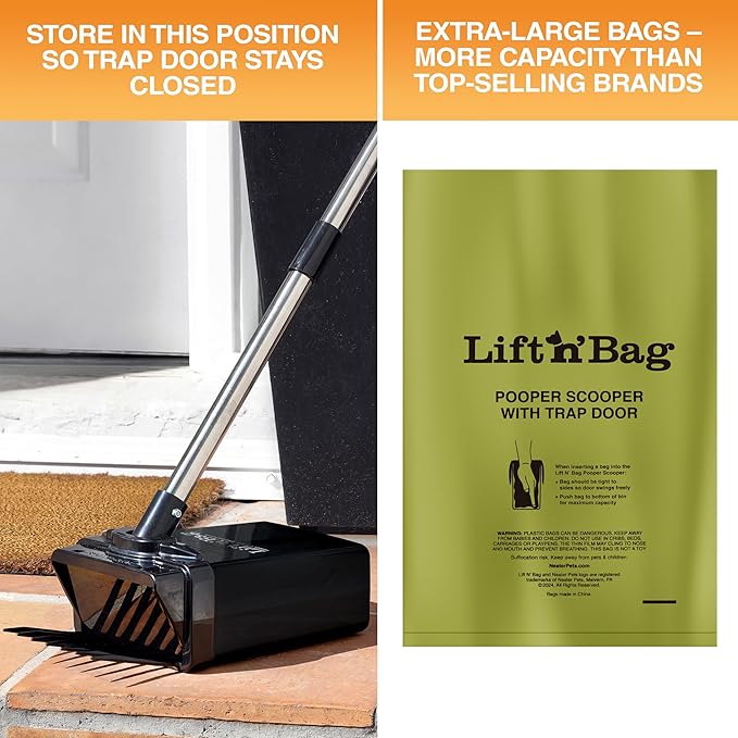 Neater Pet Brands Lift N’ Bag 2.0 Dog Pooper Scooper with Bag Attachment & 27" Pole for Small to Large Dogs, New & Improved Design, 195 Refill Bags, Heavy Duty Dog Poop Scooper for Yard, One-Hand Use