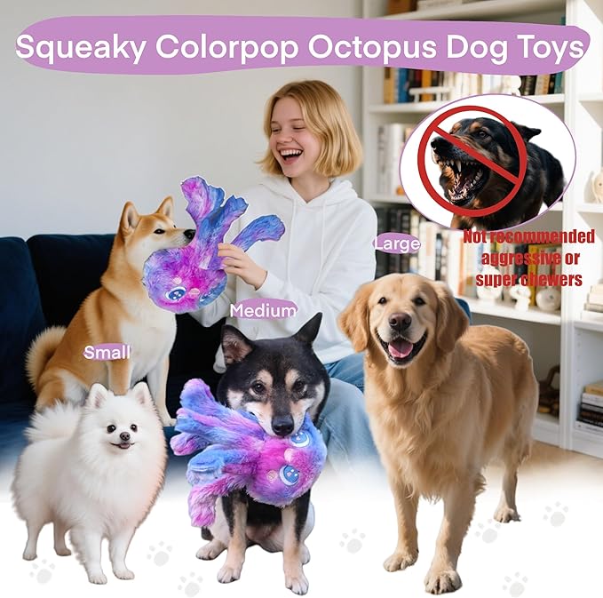 Clairooo Squeaky Dog Toys, Colorful Crinkle Octopus, Plush Dog Toys for Chewing, Interactive, Soft Fabric for Small, Medium & Large Dogs, Daily Companionship, Training Reward, (Purple)
