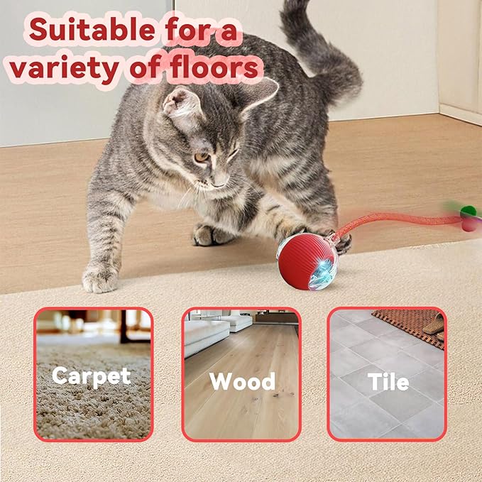 Interactive Cat Toys for Indoor Cats, Automatic Cat Toy with Elastic Mesh Tail, Electric Rolling Ball on Carpet, Chirping and Motion Activate Cat (Yellow)