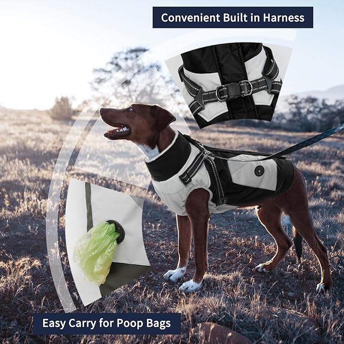IECOii Large Dog Coat with Harness Built in,Reflective Waterproof Dog Coat for Giant Breeds - Zip Up Fleece Jacket for Dogs,Great Dane Winter Coats Warm Snowsuit for Cold Weather, Black, 4XL