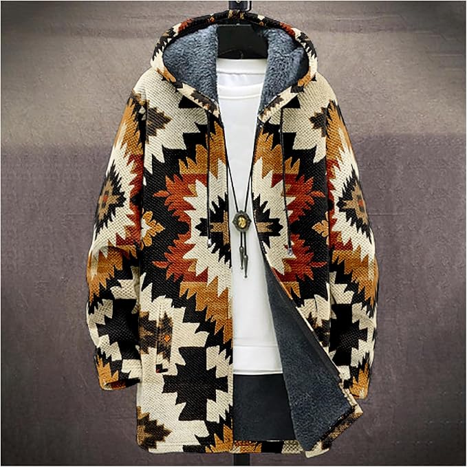 Mens Aztec Print Hoodie Heavyweight Cotton Fleece Jacket Zip Up Warm Long Sleeve Hooded Winter Midi Coat