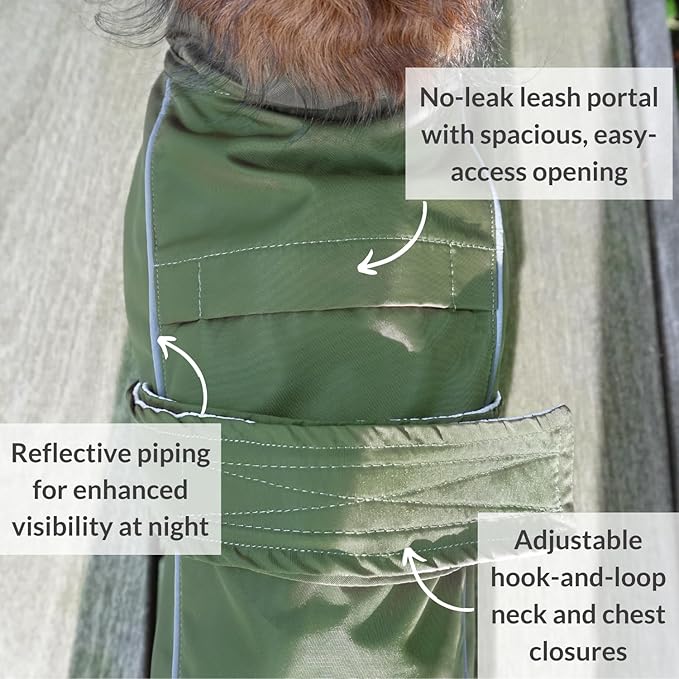DJANGO Dog Jacket & Raincoat – Lightweight Water-Resistant Coat for Small, Medium & Long Dogs Like Dachshunds – Reflective, Adjustable Fit, Harness-Compatible & Easy-Access Harness Hole - Green, Small