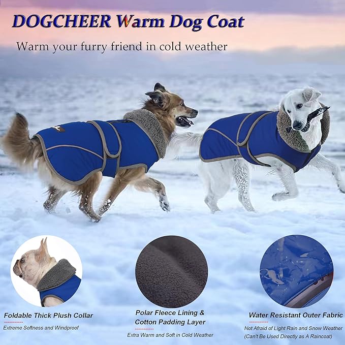 Dogcheer Dog Coat, Waterproof Dog Jacket Reflective Pet Winter Coat with Adjustable Hook & Loop, Christmas Puppy Fleece Jacket Warm Turtleneck Snowsuit for Small Medium Large Dogs - Blue, M