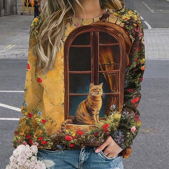 Long Sleeve Shirts for Women Cat Oil Painting Shirt 3D Graphic Sweatshirts Fall Pullover Crewneck Vintage Boho Tops