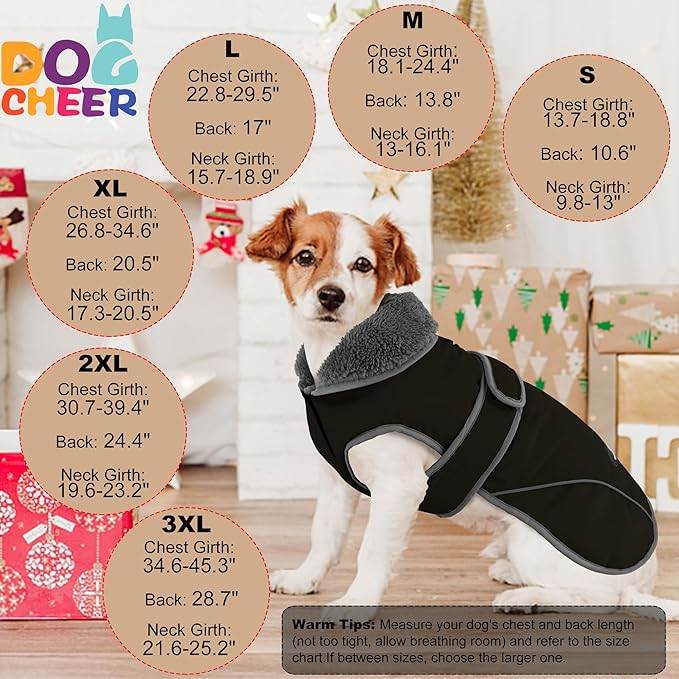Dogcheer Dog Coat, Waterproof Dog Jacket Reflective Pet Winter Coat with Adjustable Hook & Loop, Christmas Puppy Fleece Jacket Warm Turtleneck Snowsuit for Small Medium Large Dogs - Black, S