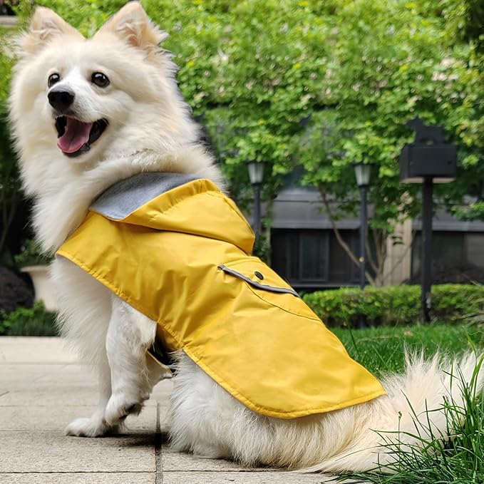 Dog Raincoat Dogs Rain Jacket Reflective Poncho Rainwear Waterproof Pet Clothes Warm Lined Pocket Hooded Leash Hole Adjustable Small Medium Dogs,Yellow,L,Back Length 12.0 Inch