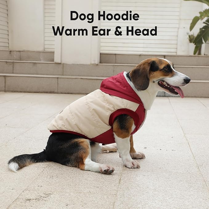 Fleece Lining Extra Warm Dog Hoodie in Winter for Large Dogs Jacket Pet Coats with Hooded,Beige and Red XL