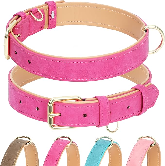 Leather Dog Collar for Small Medium Large Dogs, Soft Padded Dog Leather Collar with Heavy Duty Gold Buckle, Durable & Comfortable for Small Dogs Daily Walking (Hot Pink, S)