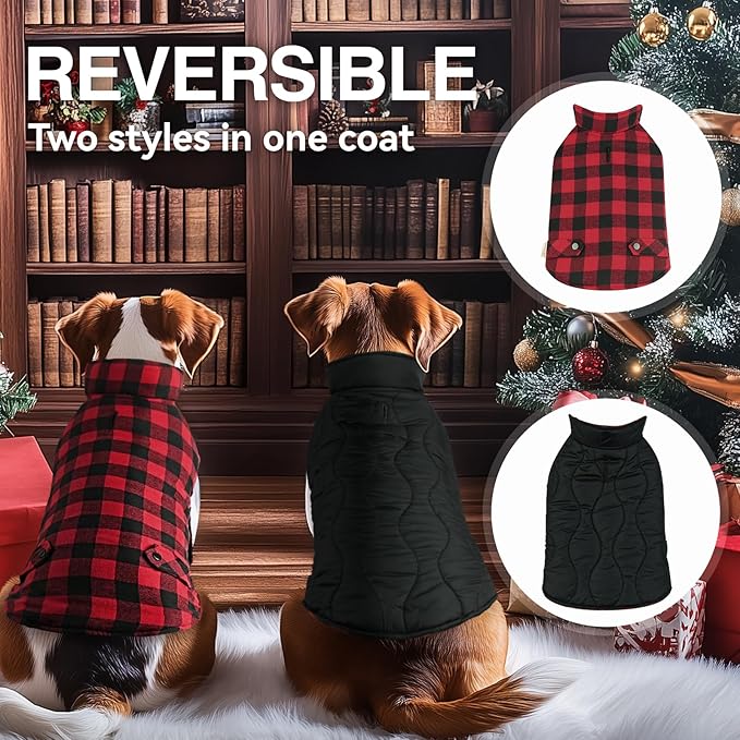 VIVAGLORY Softjoy Dog Coat, Dog Jacket for Winter & Christmas, Coat with Harness Hole & Velcro Closure, Reversible Plaid Checkered Warm Fluffy Heavy Duty for Puppy, S, Red Black