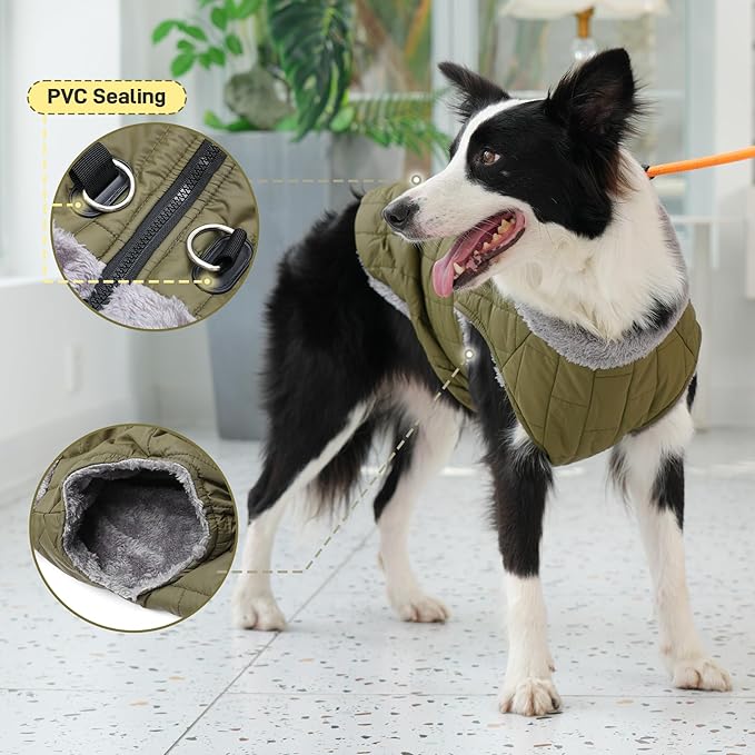 Warm Fleece Dog Coats with Durable Harness Buitl in D-Ring,Waterproof Doggie Jacket for Large Dogs,Dog Vest for Cold Winter,Green XXL