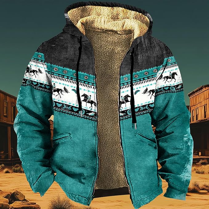 Men's Western Aztec Jackets Hooded Cowboy Hoodie Warm Full Zip Ethnic Vintage Long Sleeve Coat Fall Winter Tops