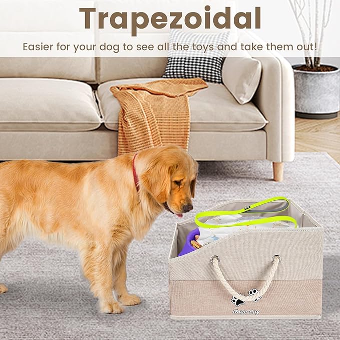 Large Dog Toy Basket With Handle, Foldable Dog Toy Box for Living Room Area, 20" Basket for Dog's Toys, Clothes, Organizers and Storage with Hard Board, Anti-slip for Pet Toys (Beige, Medium)