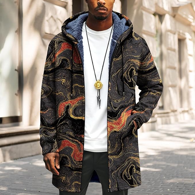 LIZALIG Long Hooded Cardigan Men Japanese Art Style Fashion Cool Graphic Coats Winter Warm Lined Fleece Jacket