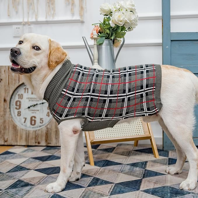 PUPTECK Dog Sweaters for Large Medium Small Dogs - Fall Classic Plaid Style Puppy Holiday Winter Coat Clothes Warm, Grey, L