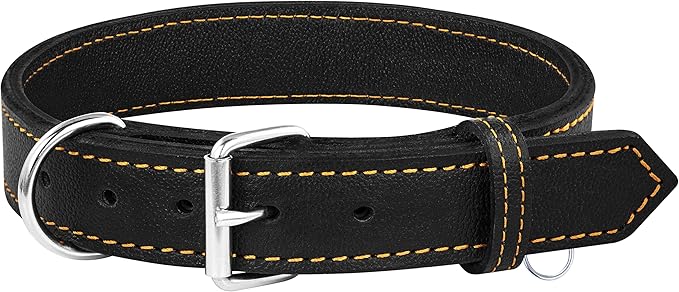 Riparo Dog Collar - Genuine Leather Dog Collars - Heavy Duty Dog Collar for Medium Large and Extra Large Dog Breeds (XXL: 1.75” Wide for 26” - 31” Neck, Black/Orange Thread)