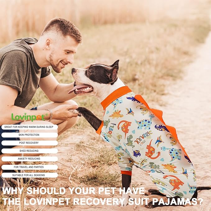 LovinPet Dog Pajamas Large Sized Dog, Anti Licking, Recovery Wear, Lightweight Jurassic Knit, UV for Large Dogs /3XL