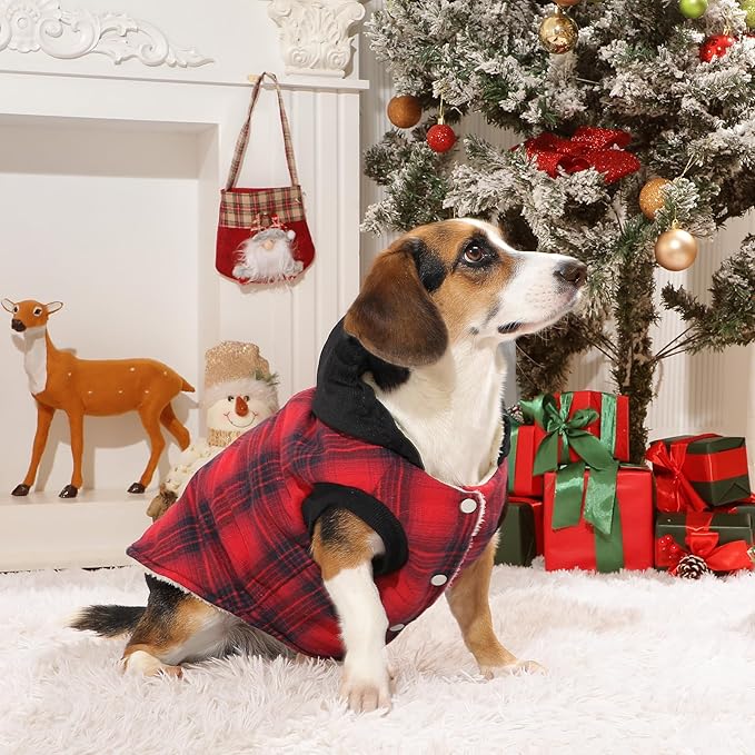 Fleece Lining Dog Hoodie for Small Dogs Extra Warm Plaid Sweater with Drawstring Hooded Coats in Winter Puppy Jacket,Red S