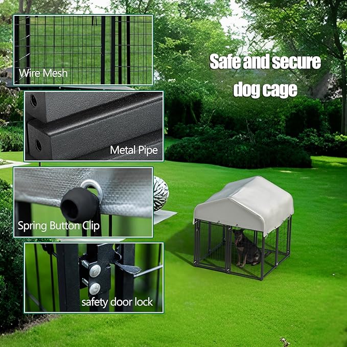 8 Panels Large Dog Kennel Outside Outdoor Dog Kennel Large with Roof Heavy Duty Dog Kennel Outdoor Indoor Dog Playpen Enclosure Pet Pen House Fence Yard Kennel for Small Medium Large 4'x4'x4.4'