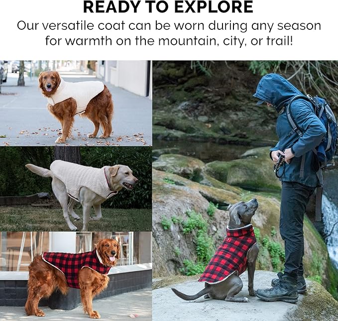 Furhaven Reversible Medium Dog Coat, Washable & Insulating w/ Leash Access - Sherpa & Plaid Fleece Flex-Fit Jacket - Cream/Red, Medium