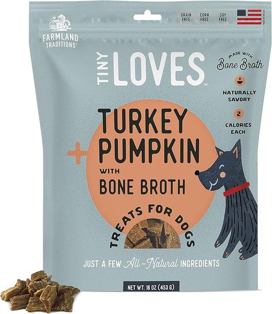 Farmland Traditions Tiny Loves Jerky Trainer Treats for Dogs w/Bone Broth (Turkey & Pumpkin, 6 oz.)
