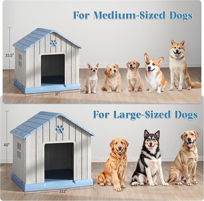 Dog House for Outdoor & Indoor Use with Window, Waterproof Ventilated Kennel with Elevated Floor, Easy to Clean Shelter for Small Medium Large Dogs (Blue, 29.9" L x 32.3" W x 32.5" H)